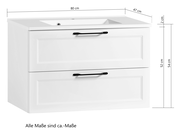 Weißes Waschtisch-Set mit zwei Schubladen und schwarzen Griffen, Frontansicht