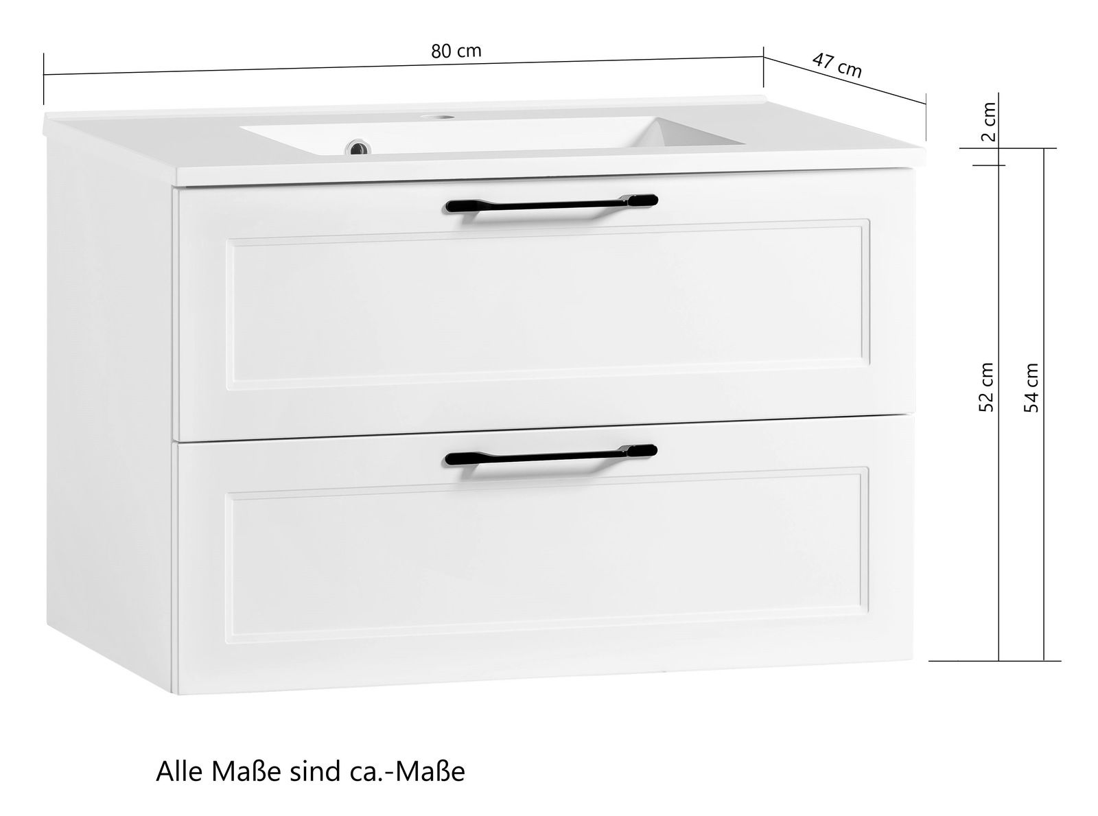 Weißes Waschtisch-Set mit zwei Schubladen und schwarzen Griffen, Frontansicht