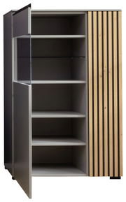 Modernes Highboard mit offenen Türen, graue Regalböden und Holzlamellen auf der rechten Seite, Frontalansicht.