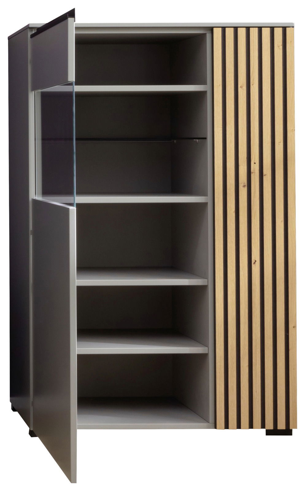 Modernes Highboard mit offenen Türen, graue Regalböden und Holzlamellen auf der rechten Seite, Frontalansicht.