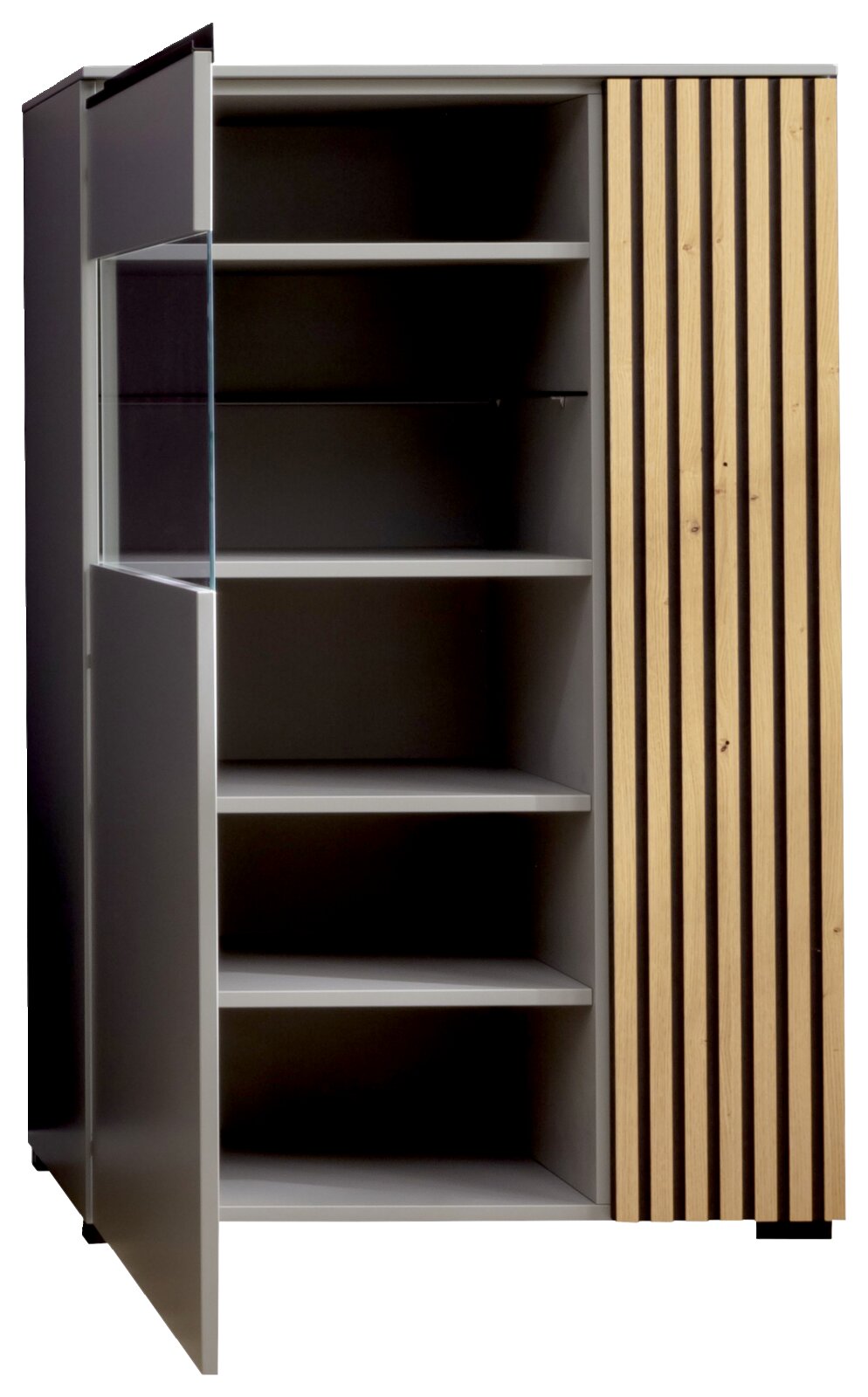 Modern hoogkast met open deuren, grijze planken en houten lamellen aan de rechterkant, gezien van voren.