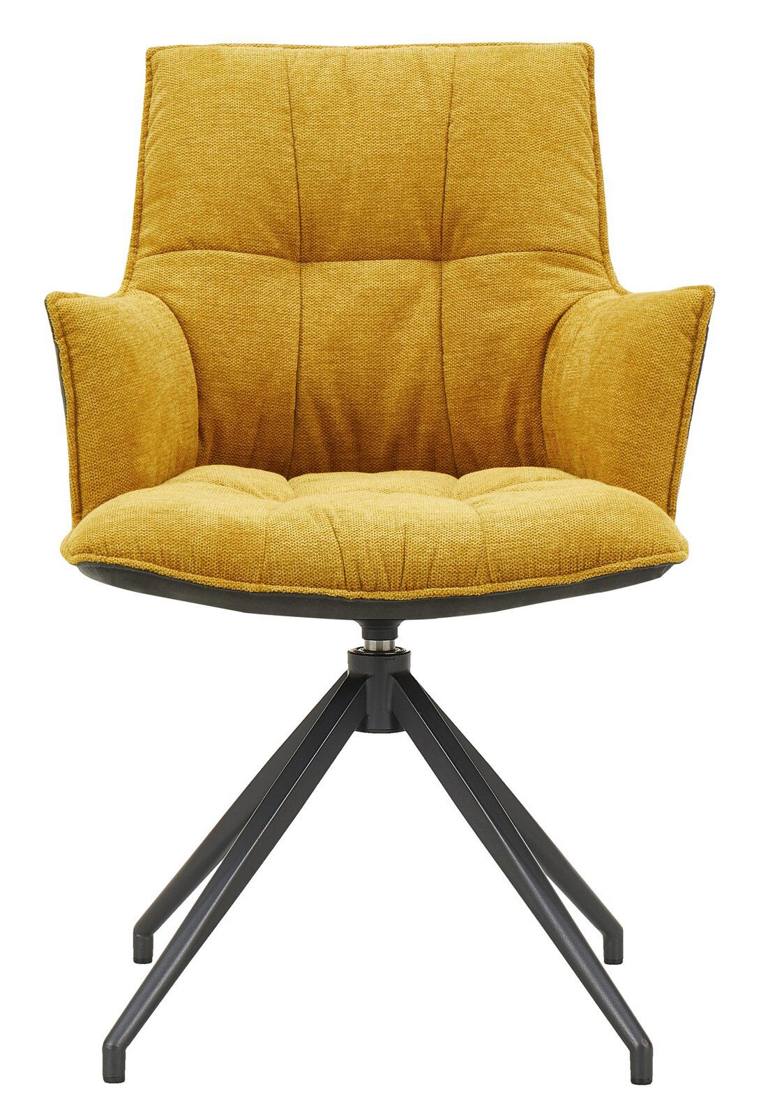 Gelber Sessel mit gepolstertem Sitz und Rückenlehne, schwarzes Metallgestell, Frontalansicht