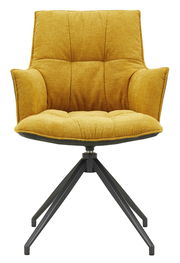 Gelber Sessel mit gepolstertem Sitz und Rückenlehne, schwarzes Metallgestell, Frontalansicht