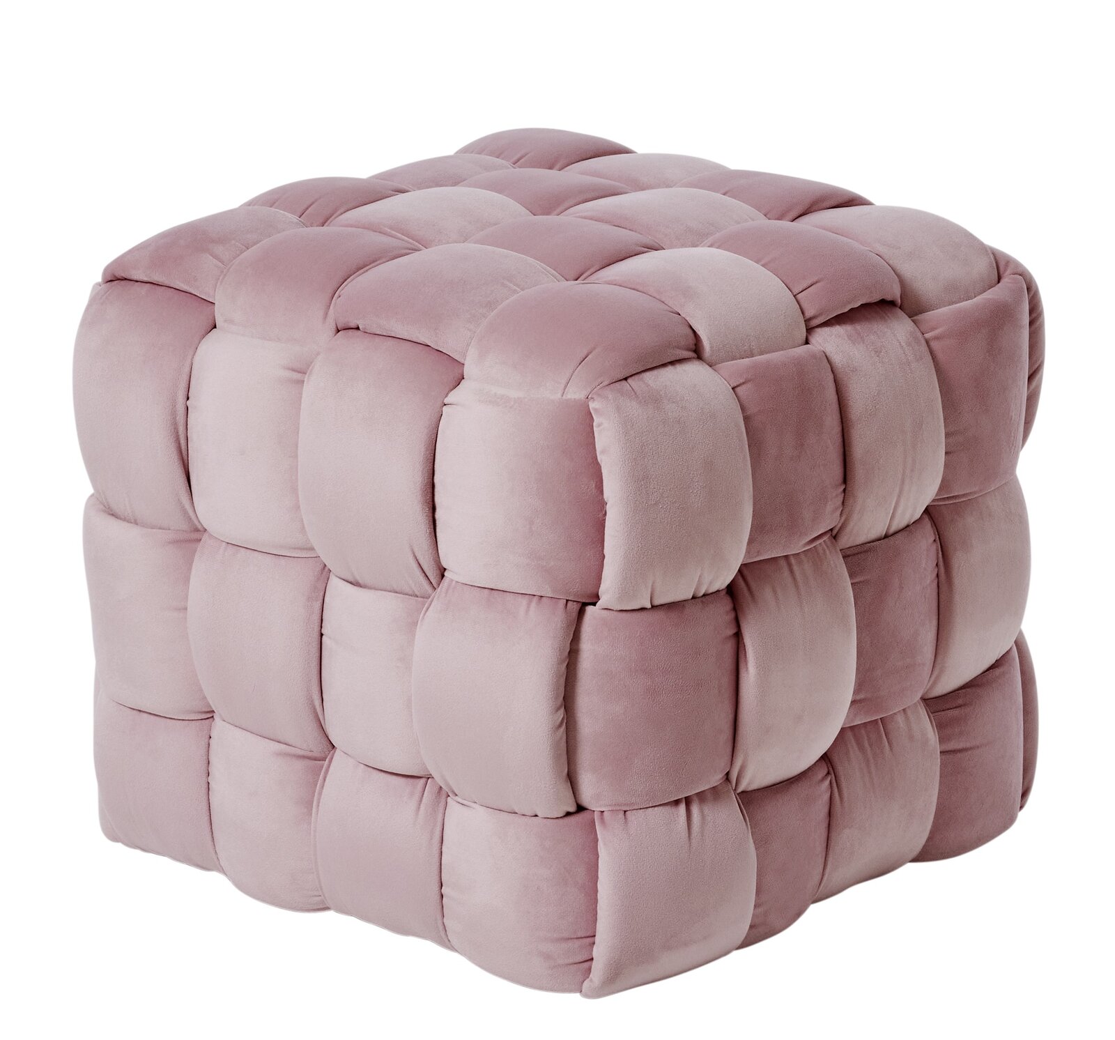 Rosa, gepolsterter Hocker in Würfelform mit weicher, gesteppter Oberfläche, seitliche Perspektive