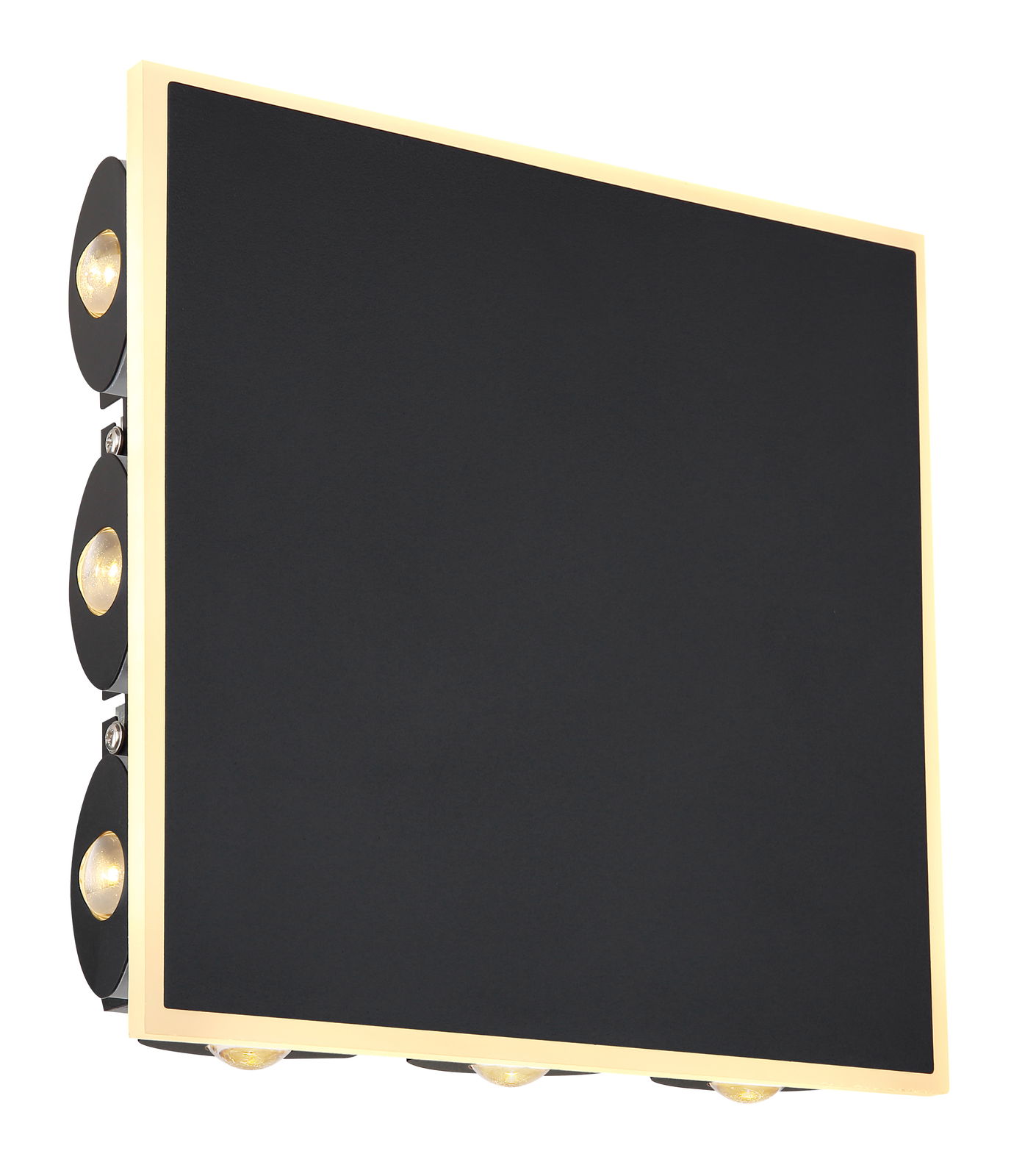 Moderne Wandleuchte SAIDY mit quadratischem, schwarzem Design und seitlich sichtbaren Leuchtmitteln, seitliche Perspektive