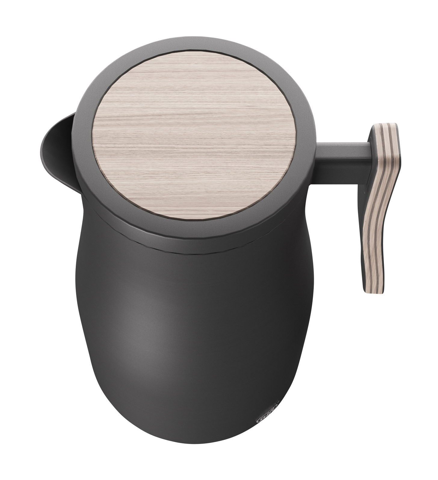 Isolierkanne Studio Allure aus der Vogelperspektive mit Holzdeckel und ergonomischem Griff.