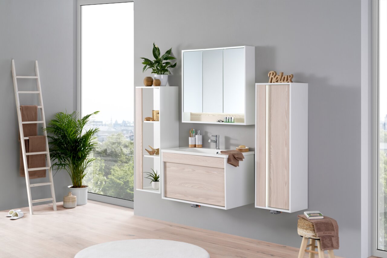 Moderner Spiegelschrank in einem stilvollen Badezimmer, frontal betrachtet, mit Pflanzen und Dekorationen.