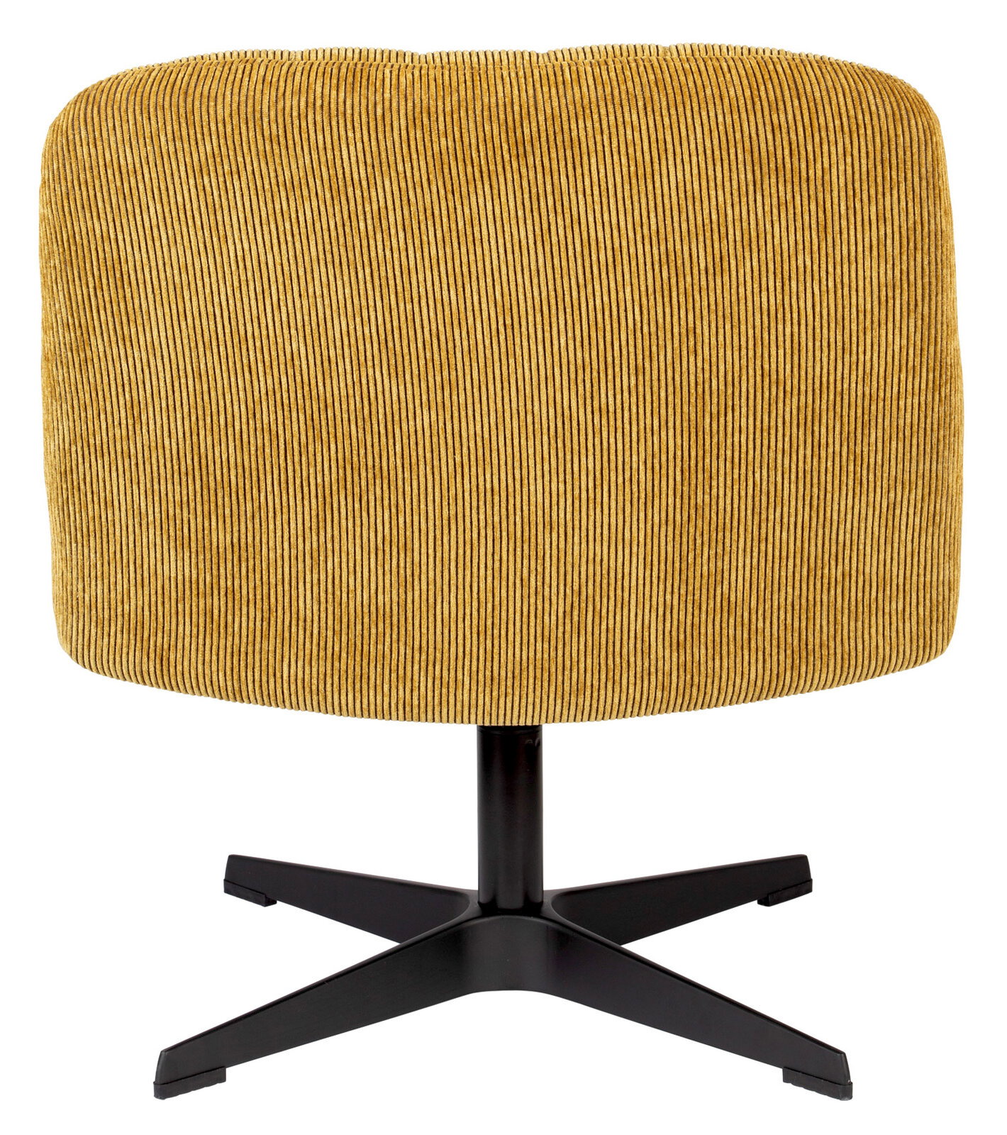 Rückansicht eines Sessels mit senfgelbem Cordbezug und schwarzem Metallfuß.