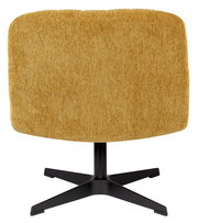 Rückansicht eines Sessels mit senfgelbem Cordbezug und schwarzem Metallfuß.