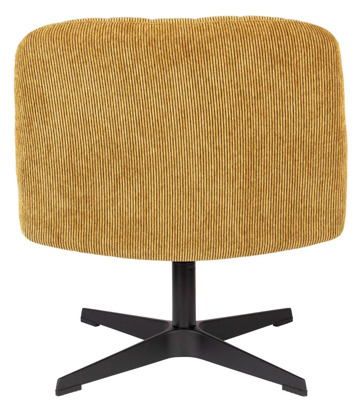 Rückansicht eines Sessels mit senfgelbem Cordbezug und schwarzem Metallfuß.