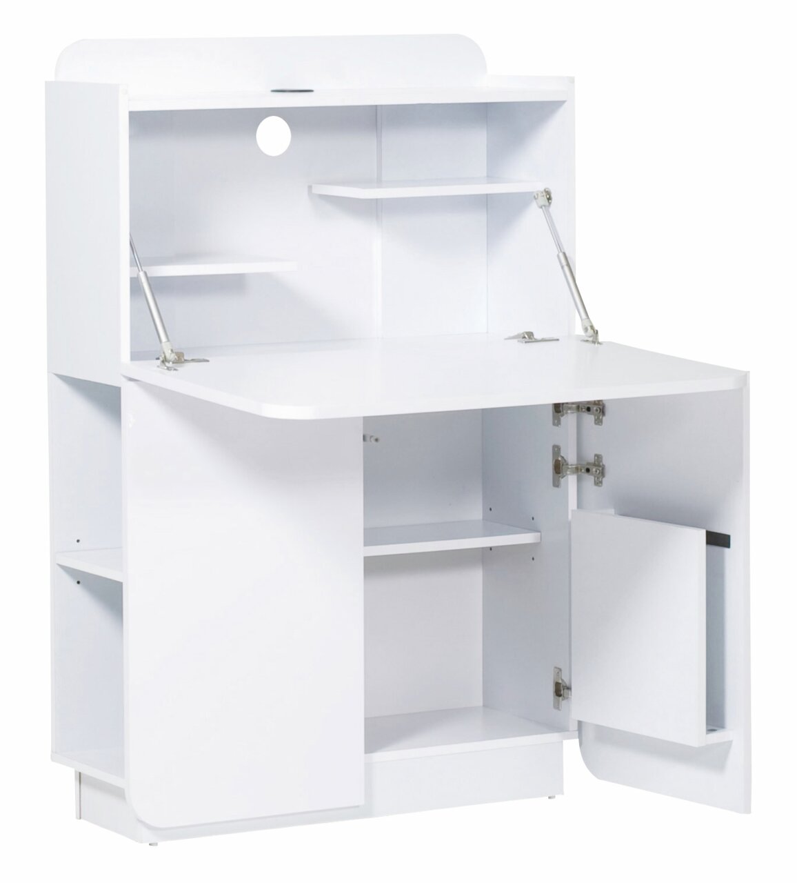 Weißer Sekretär mit mehreren Fächern und Klapptüren, frontal betrachtet.
