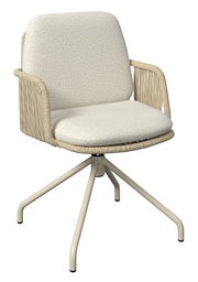 Moderner Armlehnstuhl mit beigem Geflecht und gepolstertem Sitz, seitliche Perspektive