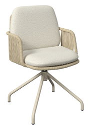 Moderner Armlehnstuhl mit beigem Geflecht und gepolstertem Sitz, seitliche Perspektive