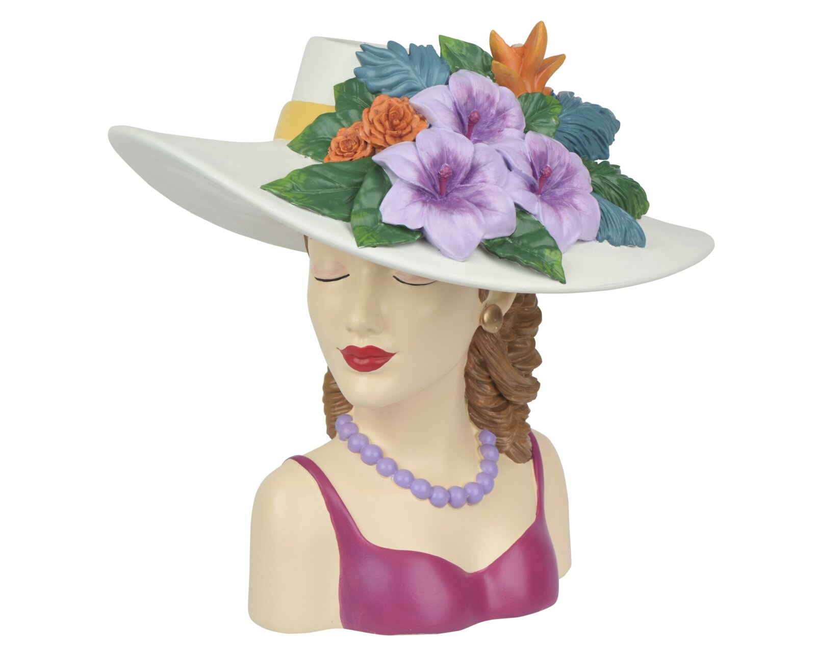 Decoris Pot Dekorative Damenbüste als Figur mit breitem weißem Hut und farbenfrohem Blumenarrangement (lila Blüten, grüne Blätter, orange Akzente), in schräger Frontansicht von links vor weißem Hintergrund.