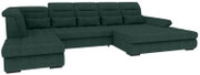 Dunkelgrünes U-förmiges Wohnlandschaft-Ecksofa mit Stoffbezug, verstellbaren Kopfstützen und breiter Ottomane, freigestellt auf weißem Hintergrund, Ansicht schräg von vorn.