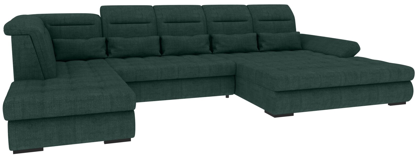 Z2 Wohnlandschaft NOAH Dunkelgrünes U-förmiges Wohnlandschaft-Ecksofa mit Stoffbezug, verstellbaren Kopfstützen und breiter Ottomane, freigestellt auf weißem Hintergrund, Ansicht schräg von vorn.