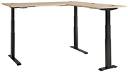 Moderner höhenverstellbarer E-Eckschreibtisch mit schwarzem Gestell und Holzplatte, seitliche Perspektive.
