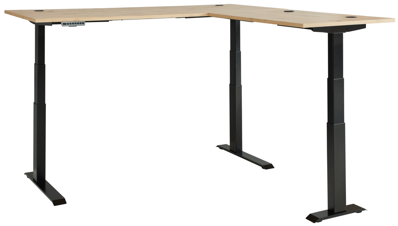 Moderner höhenverstellbarer E-Eckschreibtisch mit schwarzem Gestell und Holzplatte, seitliche Perspektive.