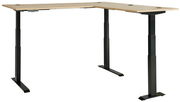 Moderner höhenverstellbarer E-Eckschreibtisch mit schwarzem Gestell und Holzplatte, seitliche Perspektive.
