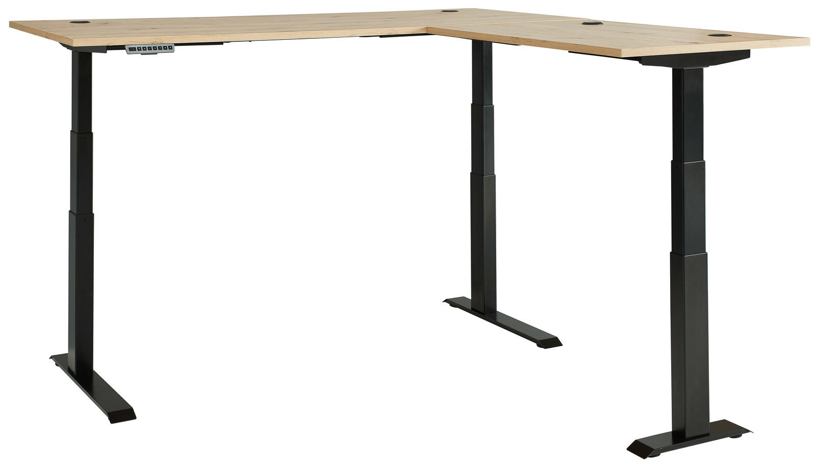 Moderner höhenverstellbarer E-Eckschreibtisch mit schwarzem Gestell und Holzplatte, seitliche Perspektive.
