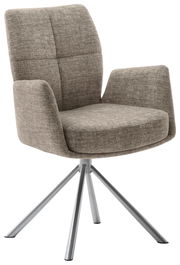 Moderner Sessel mit grauem Stoffbezug und Metallbeinen, seitliche Perspektive