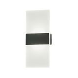 Moderne AKKU-Wandleuchte mit rechteckigem, weißem Diffusor und schwarzem Band, Frontalansicht