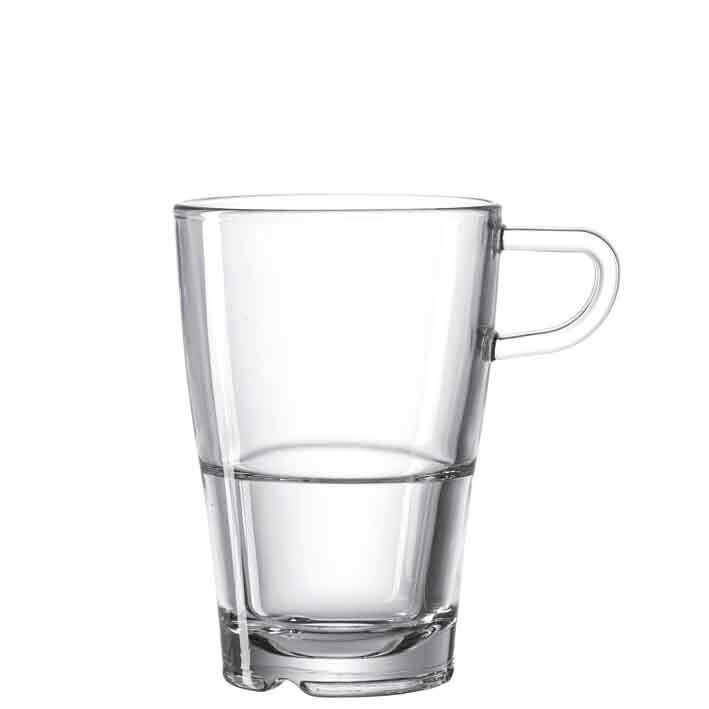 Transparente Glastasse Senso 350ml mit Henkel, seitliche Perspektive