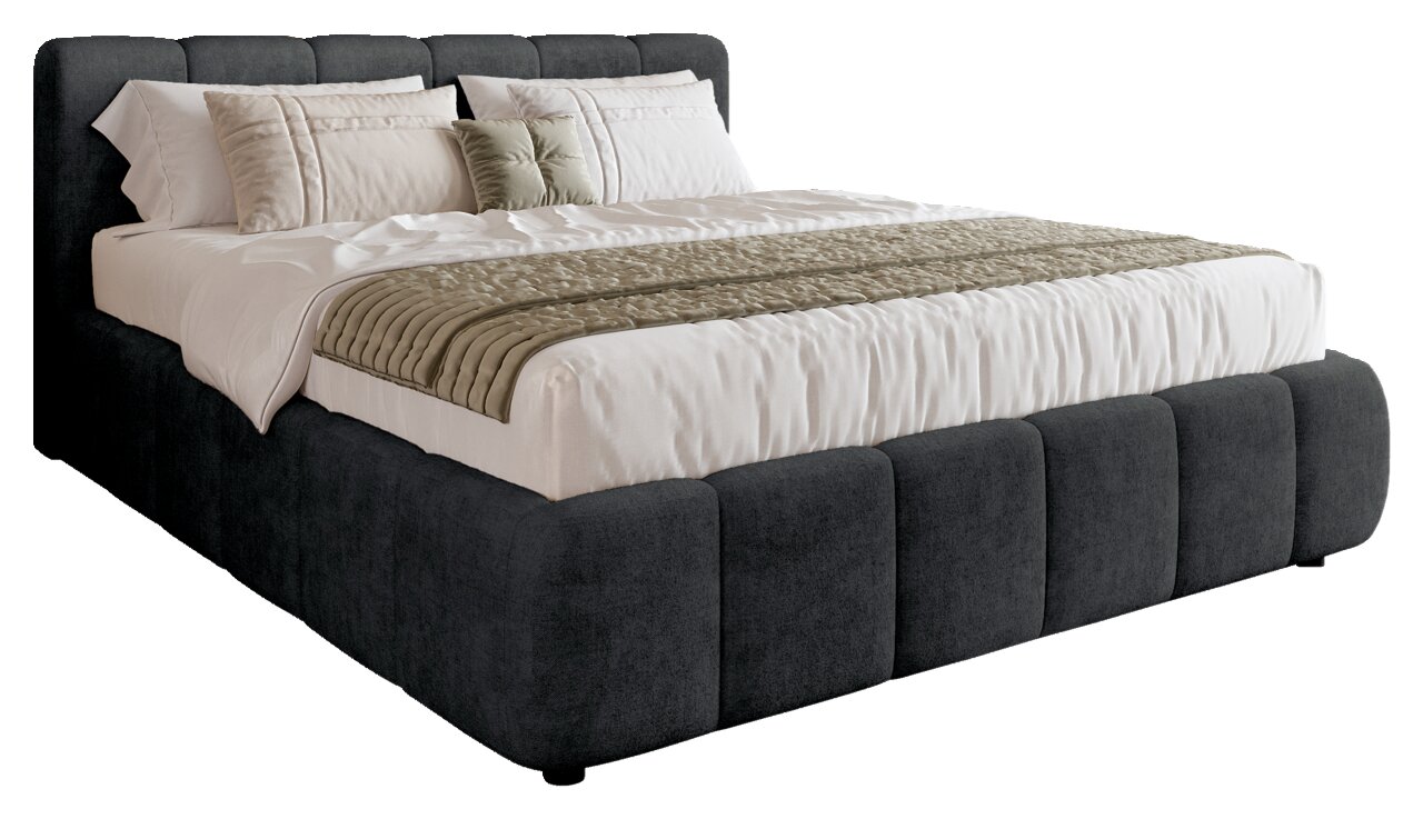 Polsterbettgestell in dunklem Stoff mit eleganter Steppung, seitliche Perspektive