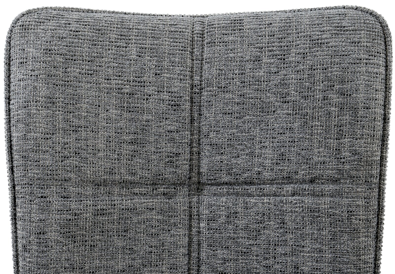 Nahaufnahme der Rückenlehne eines grauen Armlehnstuhls mit texturierter Stoffoberfläche, von vorne gesehen.
