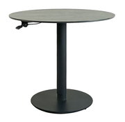 Runder Bartisch mit schwarzem Standfuß und grauer Tischplatte, seitliche Perspektive