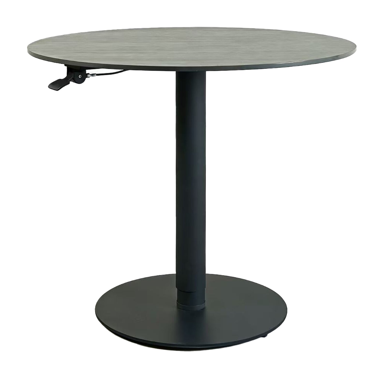 Runder Bartisch mit schwarzem Standfuß und grauer Tischplatte, seitliche Perspektive