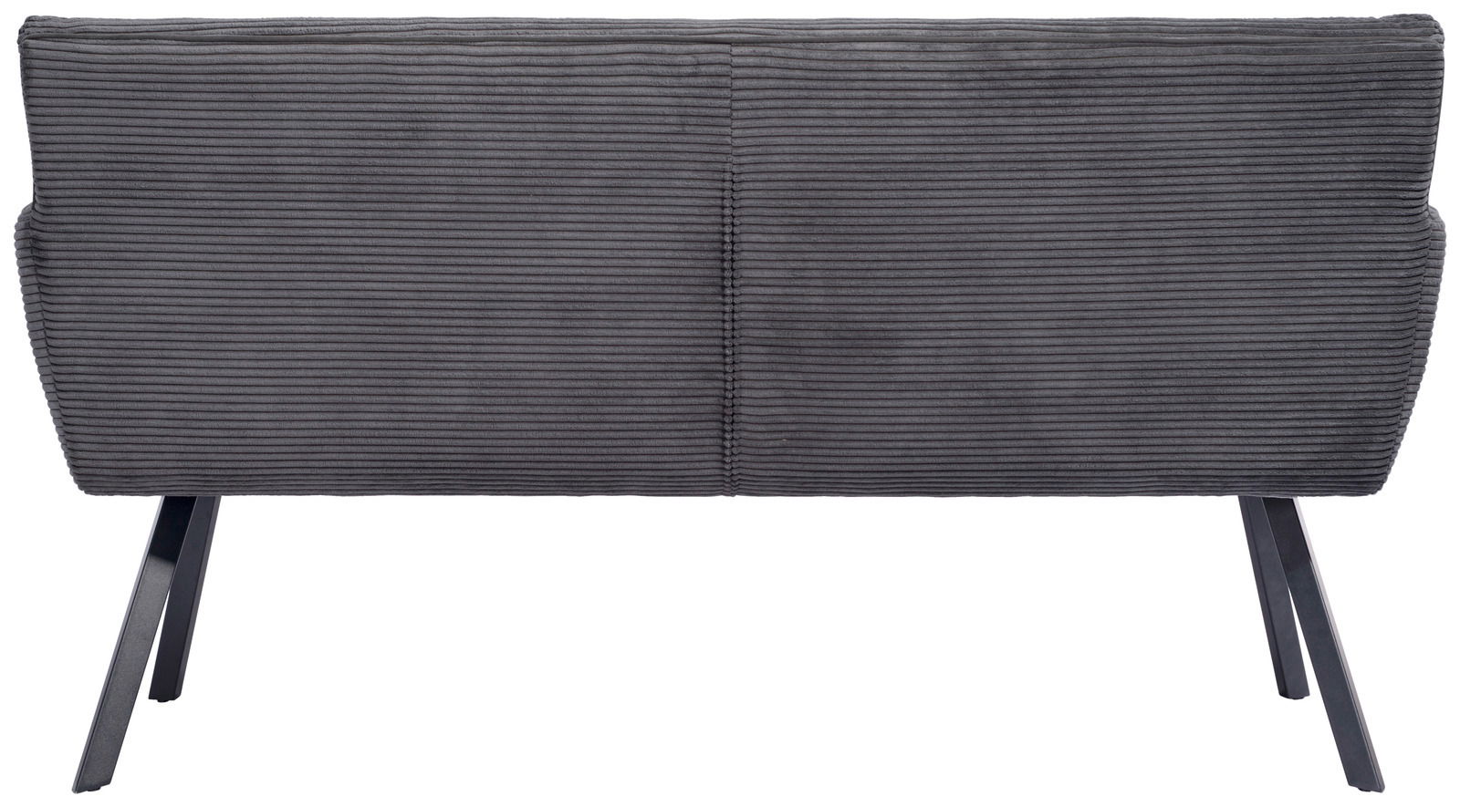 Rückansicht einer grauen Sitzbank mit geripptem Stoffbezug und schrägen Metallbeinen.