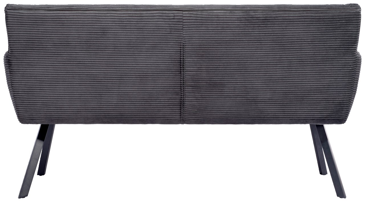 Rückansicht einer grauen Sitzbank mit geripptem Stoffbezug und schrägen Metallbeinen.