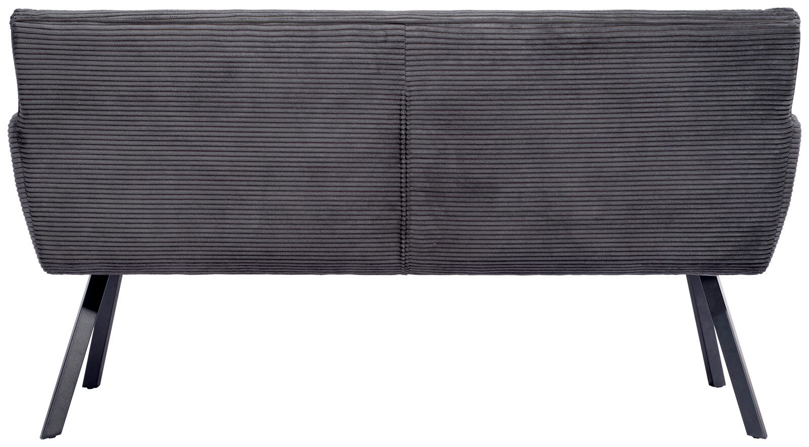 Rückansicht einer grauen Sitzbank mit geripptem Stoffbezug und schrägen Metallbeinen.