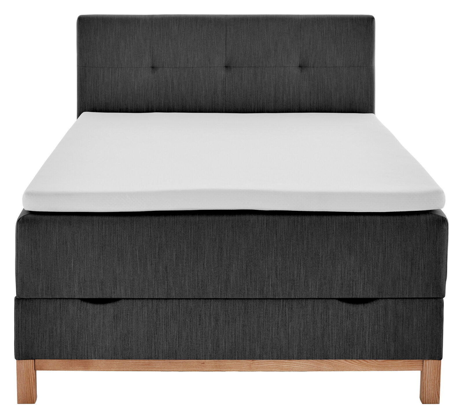 Frontale Ansicht eines modernen Boxspringbetts mit grauem Stoffbezug und Holzfüßen, Modell Livetastic Boxspringbett CATANIA.