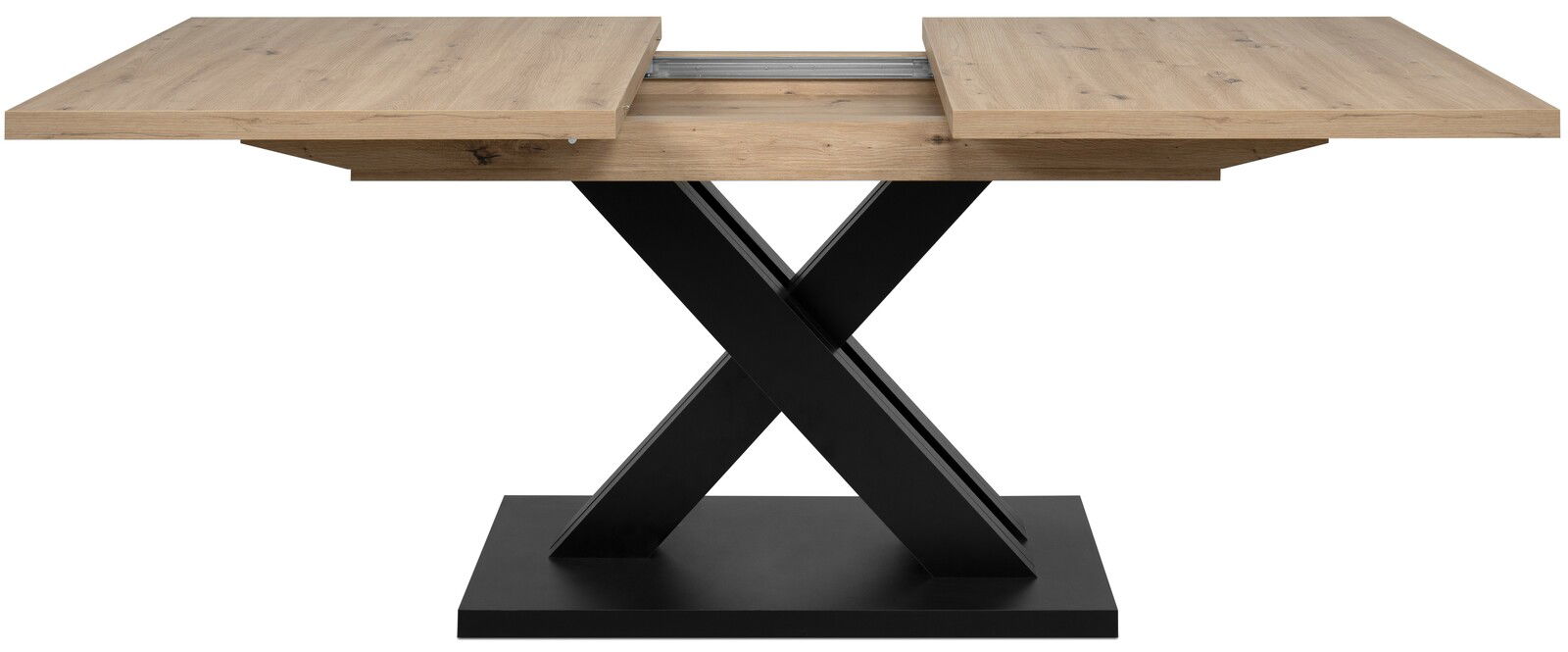 Moderner Esstisch mit ausziehbarer Holzplatte und schwarzem X-förmigem Metallgestell, Frontalansicht.