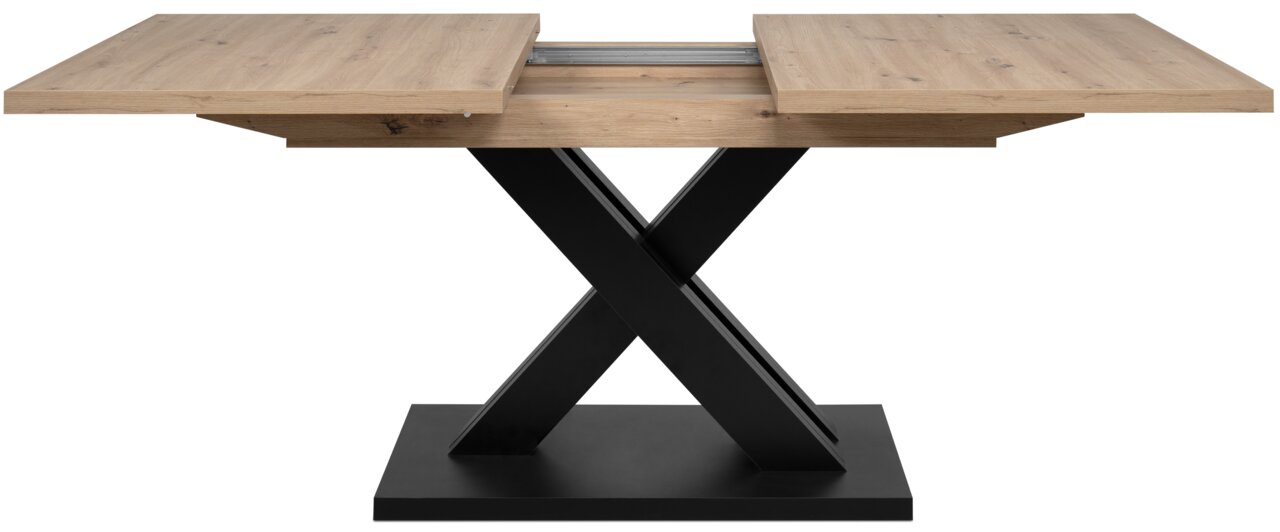 Moderner Esstisch mit ausziehbarer Holzplatte und schwarzem X-förmigem Metallgestell, Frontalansicht.