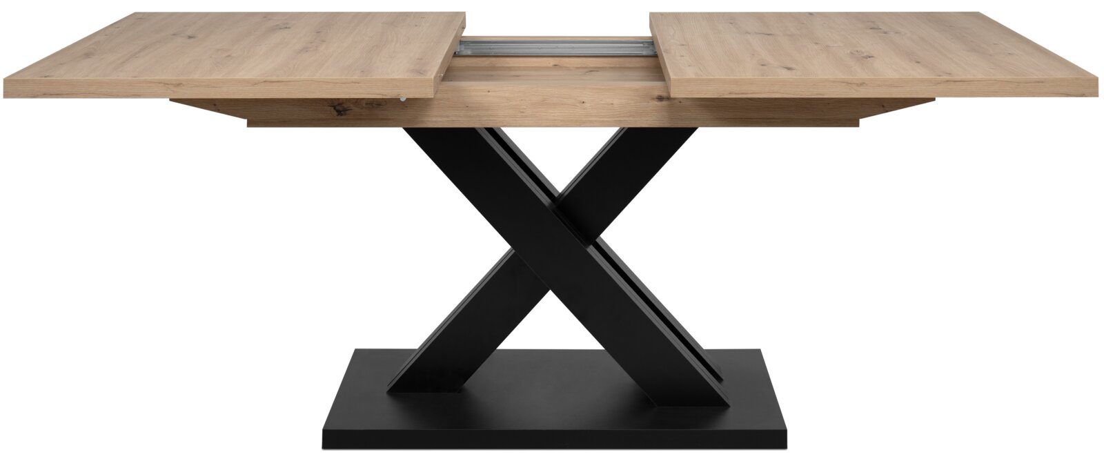 Moderner Esstisch mit ausziehbarer Holzplatte und schwarzem X-förmigem Metallgestell, Frontalansicht.