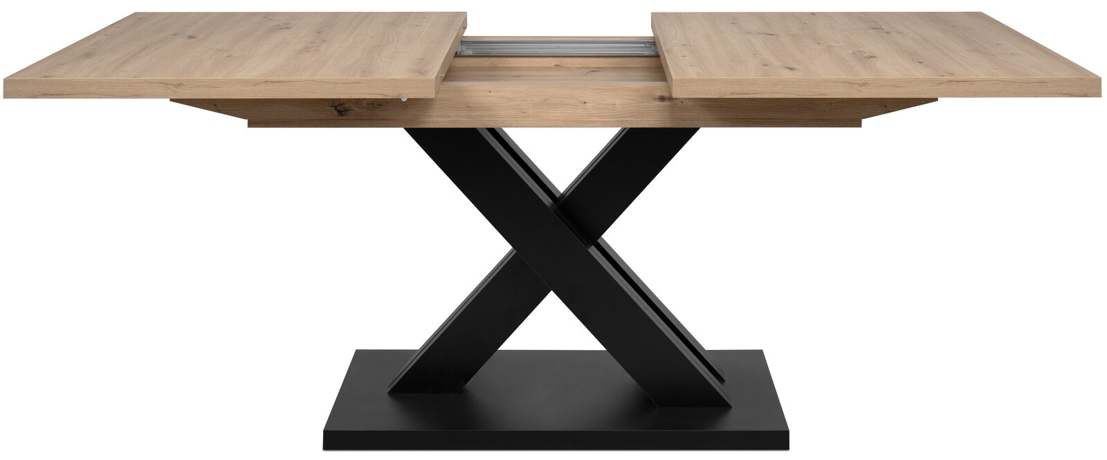 Moderner Esstisch mit ausziehbarer Holzplatte und schwarzem X-förmigem Metallgestell, Frontalansicht.