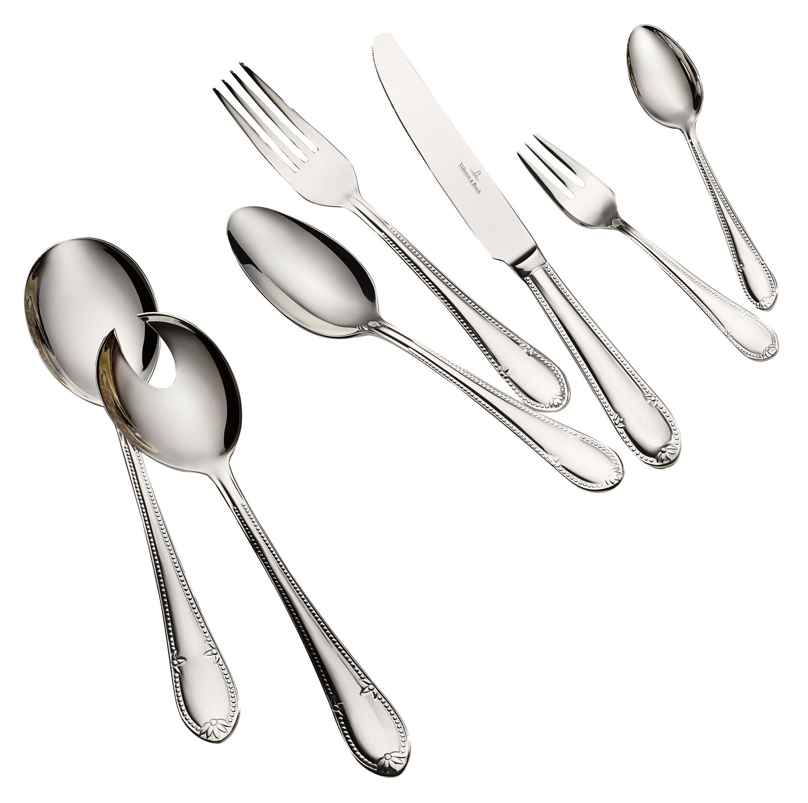 Villeroy & Boch Tafelbesteck 68-tlg. MADEMOISELLE Elegantes Tafelbesteck-Set aus Edelstahl, bestehend aus verschiedenen Löffeln, Gabeln und einem Messer, in einer schrägen Draufsicht präsentiert.