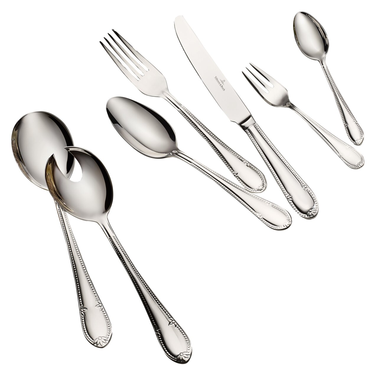 Villeroy & Boch Tafelbesteck 68-tlg. MADEMOISELLE Elegantes Tafelbesteck-Set aus Edelstahl, bestehend aus verschiedenen Löffeln, Gabeln und einem Messer, in einer schrägen Draufsicht präsentiert.
