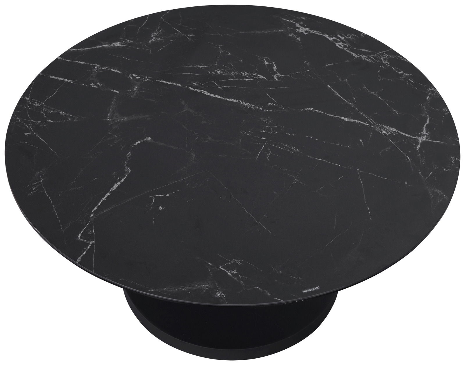 Runder Couchtisch mit schwarzer Marmoroptik, Ansicht von oben.