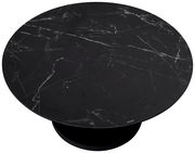 Runder Couchtisch mit schwarzer Marmoroptik, Ansicht von oben.