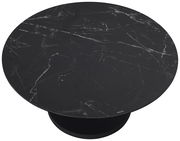 Runder Couchtisch mit schwarzer Marmoroptik, Ansicht von oben.