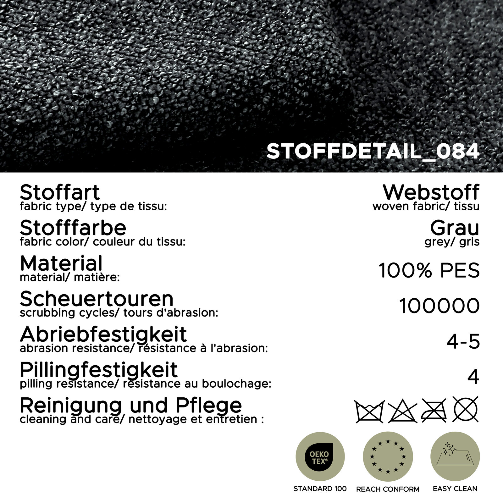 Grauer Webstoff aus 100% Polyester (PES) in Nahaufnahme/Detailansicht von oben, mit Angaben zu 100.000 Scheuertouren, Abriebfestigkeit 4–5, Pillingfestigkeit 4 sowie Pflegehinweisen und Zertifikaten (OEKO-TEX Standard 100, REACH conform, Easy Clean).