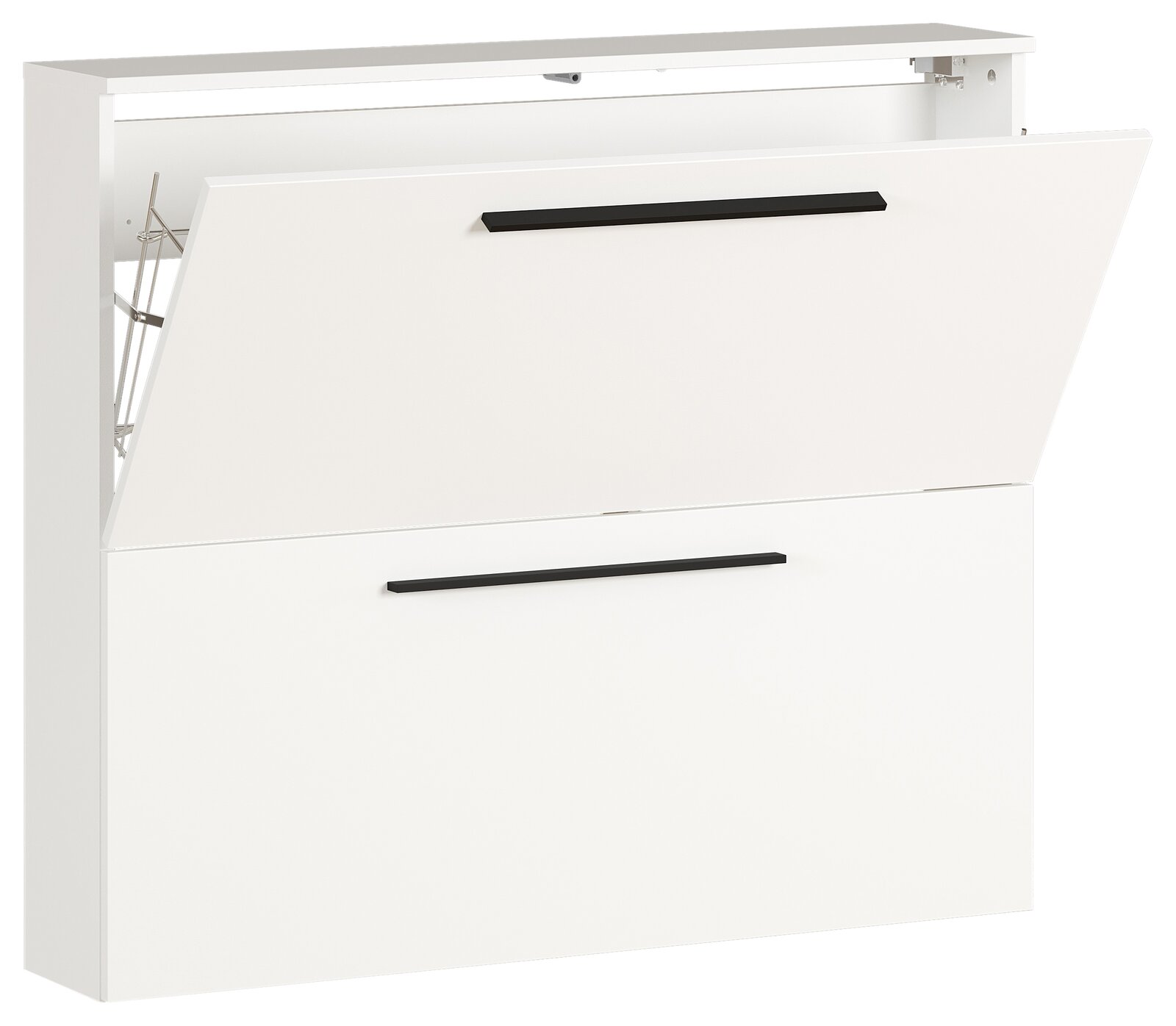 Weißer Schuhschrank mit zwei Klappen, obere Klappe leicht geöffnet, seitliche Perspektive