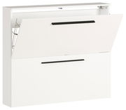 Weißer Schuhschrank mit zwei Klappen, obere Klappe leicht geöffnet, seitliche Perspektive