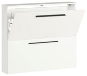 Weißer Schuhschrank mit zwei Klappen, obere Klappe leicht geöffnet, seitliche Perspektive