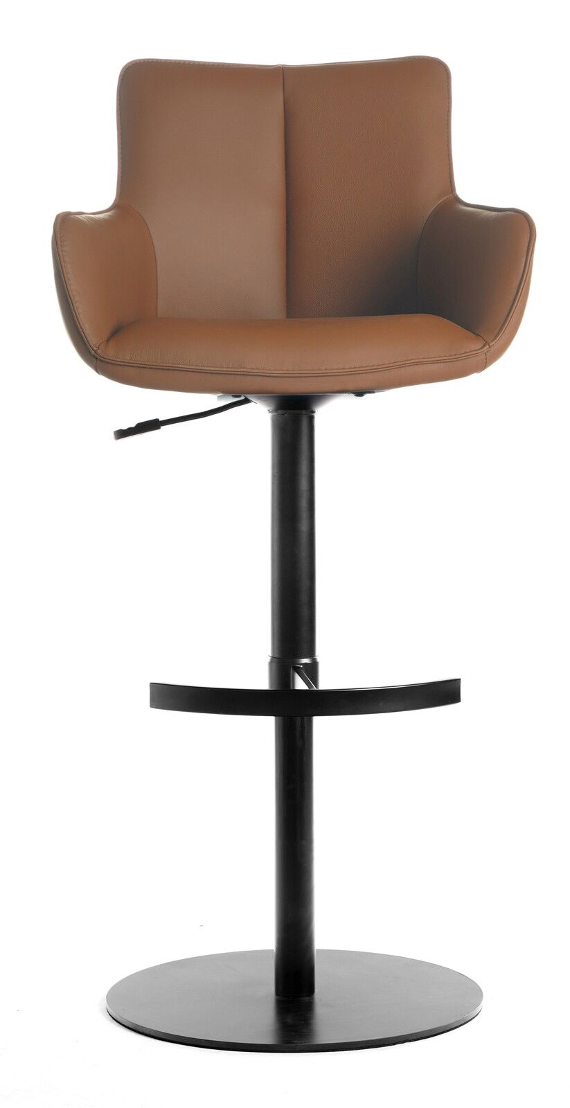 Moderner Barhocker mit braunem Sitz und schwarzem Metallgestell, Frontalansicht