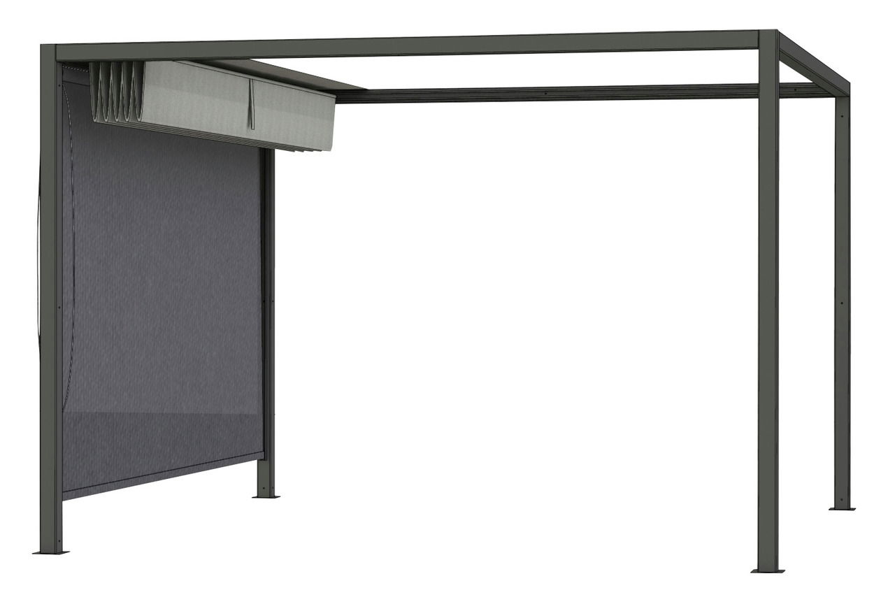 Freistehendes Rollo mit Metallrahmen, seitliche Perspektive